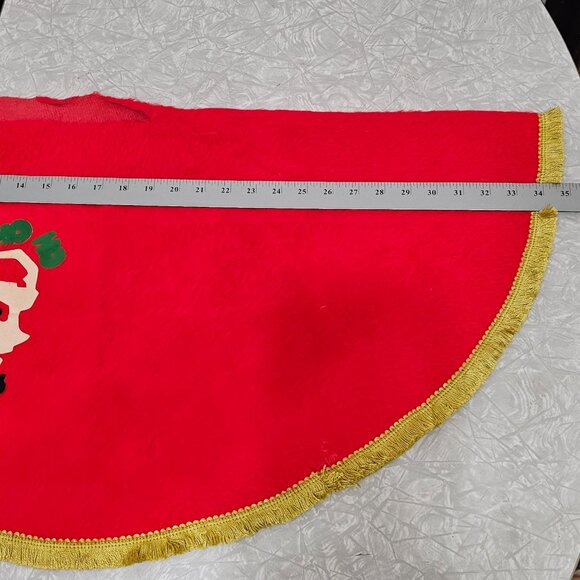 1970s Red Santa Tree Skirt 34" gold fringe handmade retro Christmas decor vtg - Picture 7 of 10